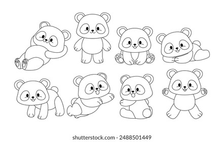 Conjunto de colección de garabato de panda, dibujo de panda para colorear página o libro de animales para el jardín de infantes, línea de Vector conjunto de arte de animales de la fauna, dibujado a mano, garabato de línea de panda mínima en diferente pose.