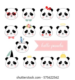 Set of panda girl faces, isolated vector illustrations