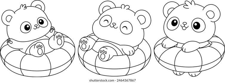 Set of panda on the swimming float coloring page for kids. Summer outline doodle colouring page isolated on white background. Wild animal coloring book for kids 