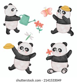 Set of panda in various activity with flower and butterfly,  cartoon animal drawing watercolor for graphic designer, vector illustration
