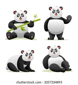 Set of panda in various poses cartoon illustration