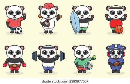 Set of Panda wearing uniform and using sports equipment. Funny animals doing exercis. Cute cartoon character vector set isolated on a white background. Cartoon animal sport. Panda cartoon. 