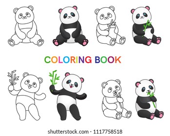 Set of pandas with bamboo for coloring book. Isolated on white background.Line art design.Vector illustration