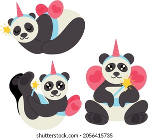 Set of pandas in cute unicorn fairy costume with wings and magic wand. Image isolated on white background and can be used as design element. Vector illustration.