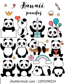 Set of pandas, different  cartoon pandas, kawaii vector illustration, isolated on white background
