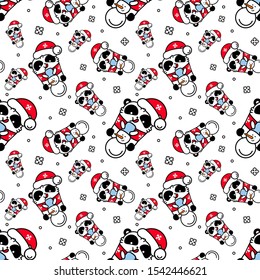 Set of Pandas kawaii santa seamless patterns. Cute vector happy bear in christmas hat makes a snowman. Print for textile. wrapping paper, banner and card