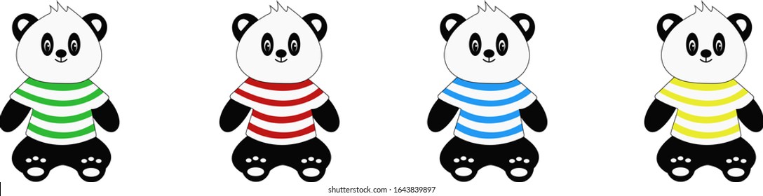 Set with pandas in multi-colored t-shirts. Vector illustration.