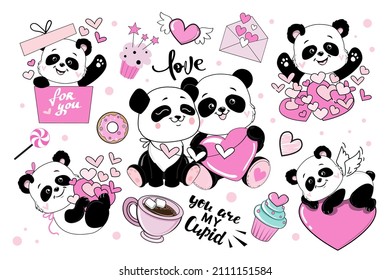 Set of pandas and pink hearts for valentine's day. Vector cartoon illustration. Love animals