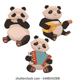 A set of pandas playing musical instruments. Image isolated on white background. Vector graphics.
