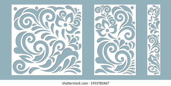 Set panel abstract leaves for registration of the decorative surfaces. Abstract strips, flowers, panels. Vector illustration of a laser cutting. Plotter cutting and screen printing.