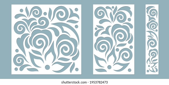 Abstrakte Blätter für die Registrierung der dekorativen Oberflächen setzen. Abstrakte Streifen, Blumen, Tafeln. Vektorgrafik eines Laserschneidens. Plotterschneiden und Siebdruck.
