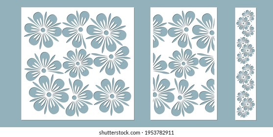 Set panel flowers leaves for registration of the decorative surfaces. Abstract strips, flowers, panels. Vector illustration of a laser cutting. Plotter cutting and screen printing