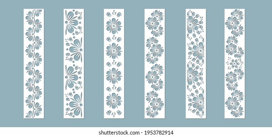 Set panel flowers leaves for registration of the decorative surfaces. Abstract strips, flowers, panels. Vector illustration of a laser cutting. Plotter cutting and screen printing