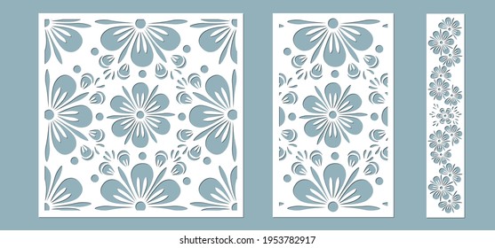 Set panel flowers leaves for registration of the decorative surfaces. Abstract strips, flowers, panels. Vector illustration of a laser cutting. Plotter cutting and screen printing