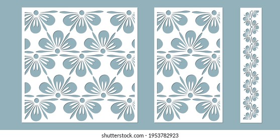 Set panel flowers leaves for registration of the decorative surfaces. Abstract strips, flowers, panels. Vector illustration of a laser cutting. Plotter cutting and screen printing