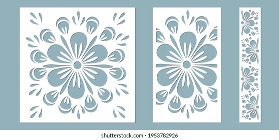 Blumenblätter aus dem Paneel zur Registrierung der dekorativen Flächen. Abstrakte Streifen, Blumen, Tafeln. Vektorgrafik eines Laserschneidens. Plotterschneiden und Siebdruck