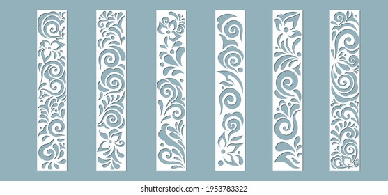 Set panel flowers leaves for registration of the decorative surfaces. Abstract strips, flowers, panels. Vector illustration of a laser cutting. Plotter cutting and screen printing