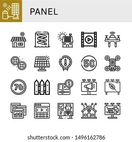 Set of panel icons such as Solar cell, Solar, Slider, Solar panel, Video player, Drone, Buttons, Renewable energy, Gauge, Speed limit, Fence, Media player, Billboard, Browser , panel