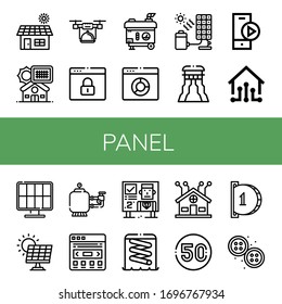 Set of panel icons. Such as Solar, Solar panel, Drone, Browser, Electric generator, Solar cell, Slider, Play button, Smart house, energy, Filter, Billboard , panel icons