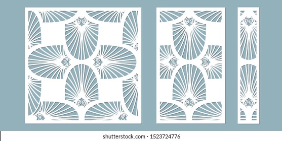 Set, panel for registration of the decorative surfaces. Abstract feathers, leaves, lines panels. Vector illustration of a laser cutting. Plotter cutting and screen printing.