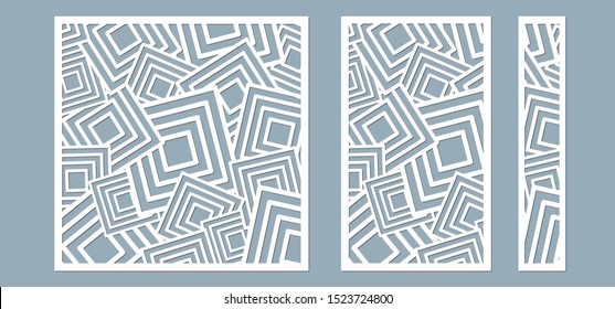 Set, Panel für die Registrierung der dekorativen Oberflächen. Abstrakte Quadrate von Linien, Tafeln. Vektorgrafik eines Laserschneidens. Plotterschneiden und Siebdruck.
