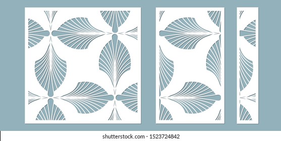 Set, panel for registration of the decorative surfaces. Abstract feathers, leaves, lines panels. Vector illustration of a laser cutting. Plotter cutting and screen printing.