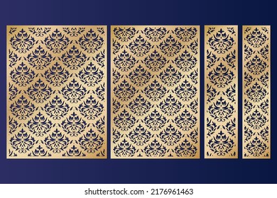 Set of panels with Damask cutout pattern, laser cut templates, vector.