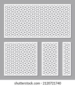 Set of panels with a geometric pattern. Stencils, lattice of square, rectangular shape with decorative hexagon. Template for plotter laser cutting of paper, metal engraving, wood carving, cnc. Vector.