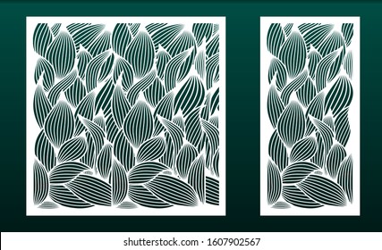  Set of panels for laser cutting. Templates for wood or metal cut, fretwork stencil, paper art. Floral pattern with leaves. For interior design, card background, die or stencil. Vector illustration