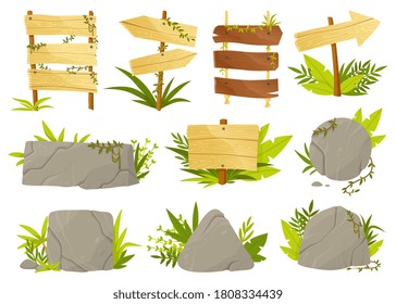 Set of panels and signposts in jungle style with blank rocks and rustic wooden signs surrounded by green leaves on white, colored vector illustration