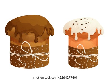 Establecer Panettone tradicional, colección Pasteles de Pascua con vidrios y decoración en estilo de dibujos animados aislados en fondo blanco