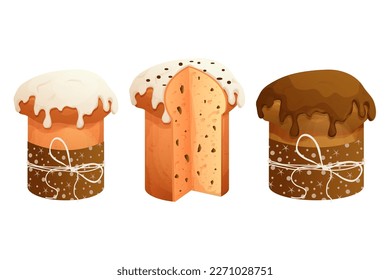 Establecer Panettone tradicional, colección Pasteles de Pascua con vidrios y decoración en estilo de dibujos animados aislados en fondo blanco
