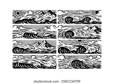 Set of panorama ocean waves vector tides.