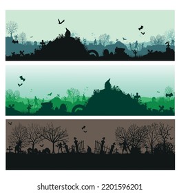 Set of panoramas with cemeteries. Halloween theme of scary cemeteries. vector graphics