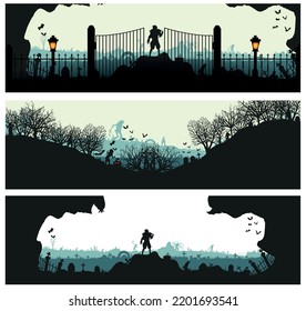 Set von Panoramen mit Friedhöfen. Halloween-Thema von beängstigenden Friedhöfen. Vektorgrafik