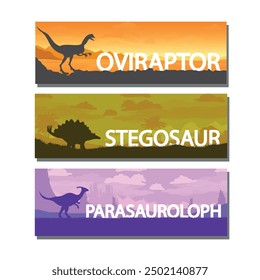 Conjunto de panoramas de dinosaurios, animales extintos. Paisaje hermoso prehistórico. Animal gigante del Jurásico. Vector