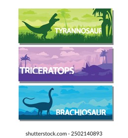 Conjunto de panoramas de dinosaurios, animales extintos. Paisaje hermoso prehistórico. Animal gigante del Jurásico. Vector