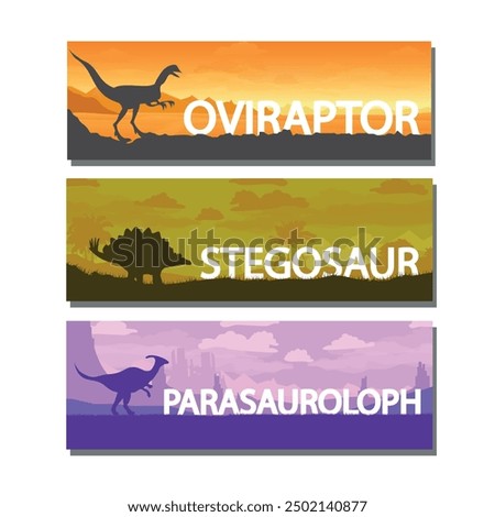 Set of panoramas of dinosaurs, extinct animals. Prehistoric beautiful landscape. Giant Jurassic animal. vector
