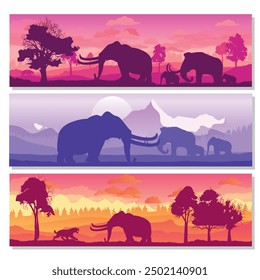 Un conjunto de panoramas Mamuts, animales extintos del tigre. Paisaje hermoso prehistórico. Animal gigante del Jurásico. Vector