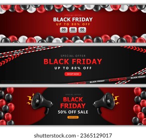 Set of panoramic ad banners with sale countdown, shop now button, glossy balloons, realistic megaphone, crossed barricade tapes and spaceship. Promotional header with discount info for online shopping