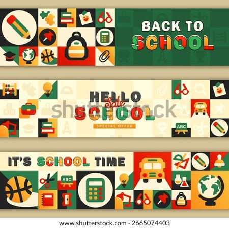 Set of panoramic back to school themed posters, banners, wide cards with colorful flat school supplies and educational symbols in a retro-inspired geometric mosaic design. Trendy promo headers