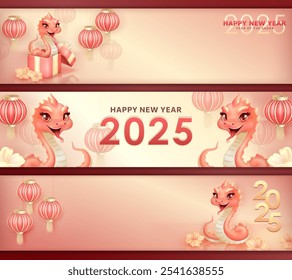 Set of panoramic banners with cute 3d pink snakes, surrounded by red Chinese lanterns and plum blossom flowers. Happy 2025 Lunar Year of the Snake headers with cartoon reptiles and copy space for text