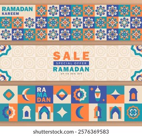 Set of panoramic banners for Ramadan with geometric and Islamic motif: crescent moon, lantern, mosque arches, Arabic patterns, bold SALE text. Headers in flat style with orange, green, blue, and beige