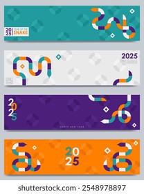 Set of panoramic banners with vibrant illustration for 2025 Year of the Snake featuring a geometric snake in cyan, orange, purple, white colors with circles, stars. Modern headers with copy space