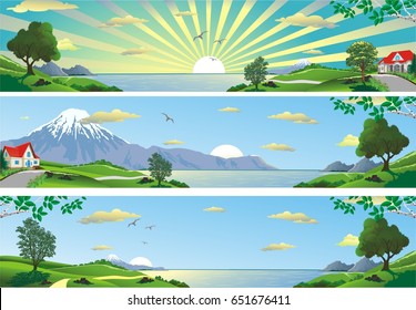 A set of panoramic landscapes. Panorama of nature. Mountains, sea, trees and hills. Vector illustration