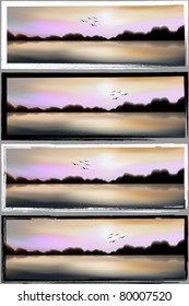 Set of panoramic landscapes at sunset