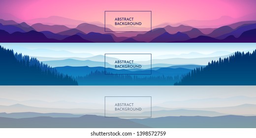 Set of panoramic vector landscapes. minimalistic background. Widescreen wallpapers. Abstract mountains and forests in a flat style. Pastel colors