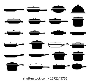 Set of pans and pans black on a white background, signs for design, vector illustration
