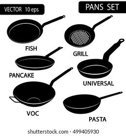 Set pans to cook different meals. Cooking fish, pasta, vegetables, grilled, stewed, fry pancakes. Vector icons pans. 