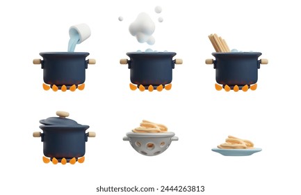 Set of pans on fire, colander and plate of food 3D style, vector illustration isolated on white background. Decorative design elements collection, stages of cooking pasta